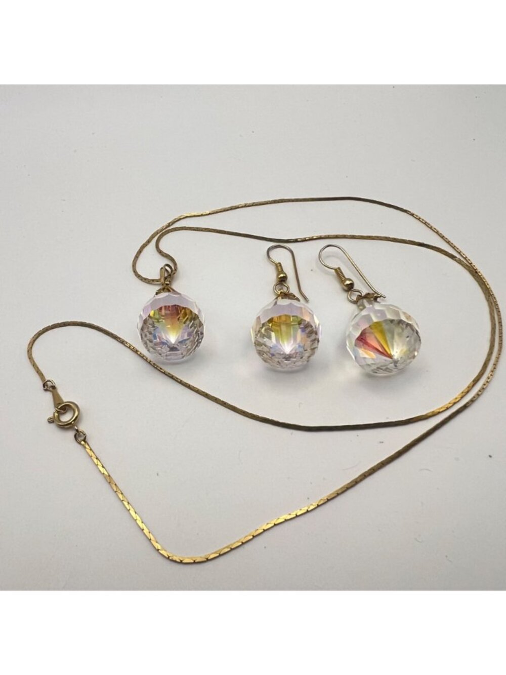 Vintage AB Crystal Teardrop Pendant Necklace Earrings Set Gold-Tone 24" Japan - Picture 3 of 11